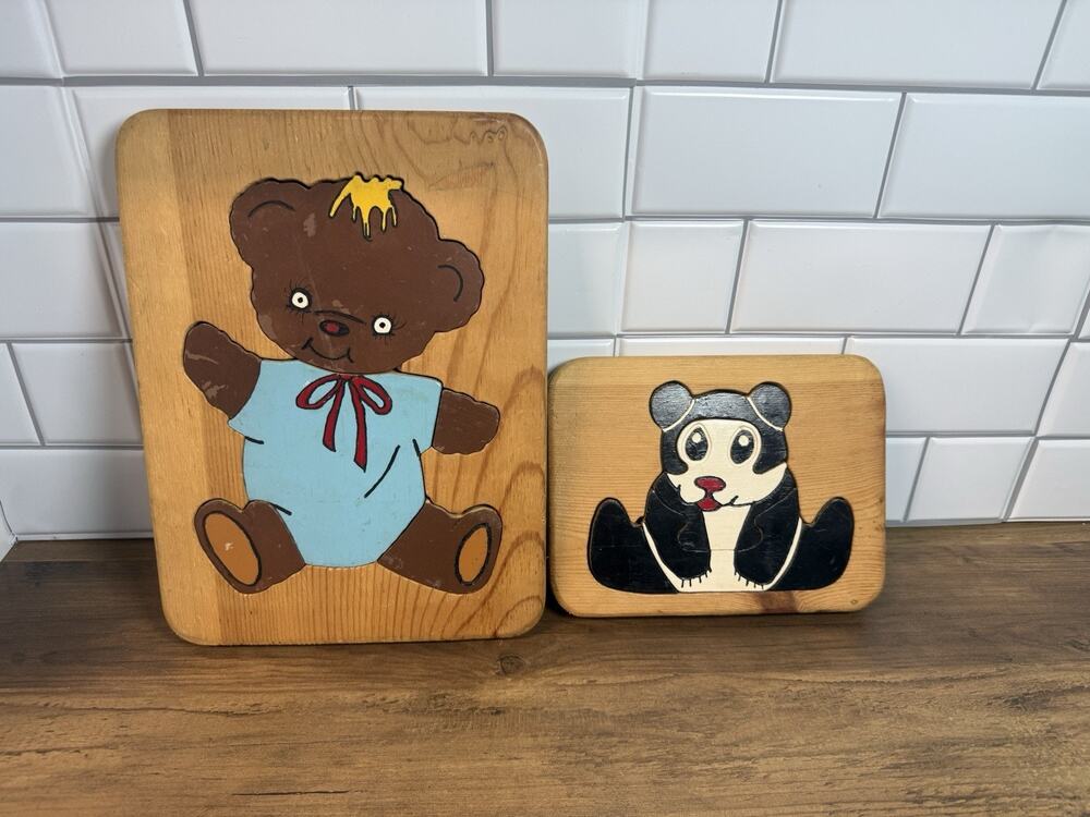 Vintage Handmade Wooden Tray Puzzles Teddy Bear & Panda Folk Art Set